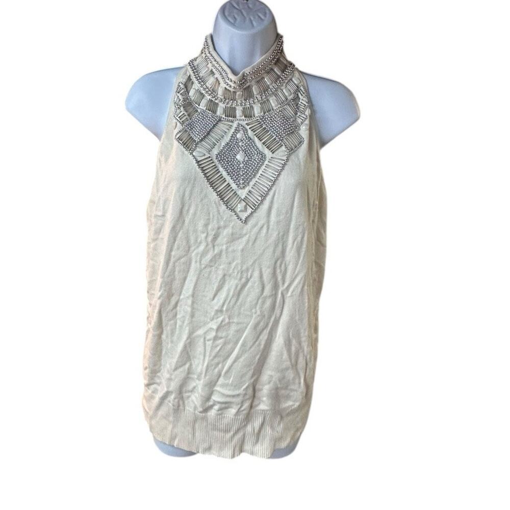 Cache Embellished Halter Top Ivory Beaded Tribal Boho Sleeveless XL